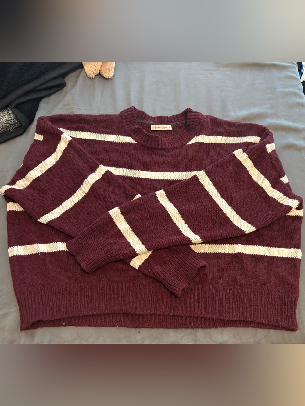 Marine Layer Cotton & Merino Wool Blend - Burgundy & Cream Striped Crewneck